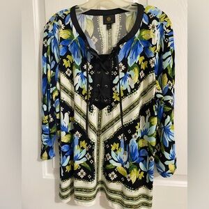 JM Collection Floral Lace-Up Blouse - Blue, Black, and Green